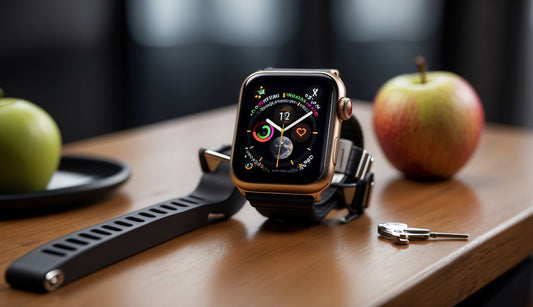 How to Change Apple Watch Bands: A table with an Apple Watch, a selection of watch bands, and a small screwdriver