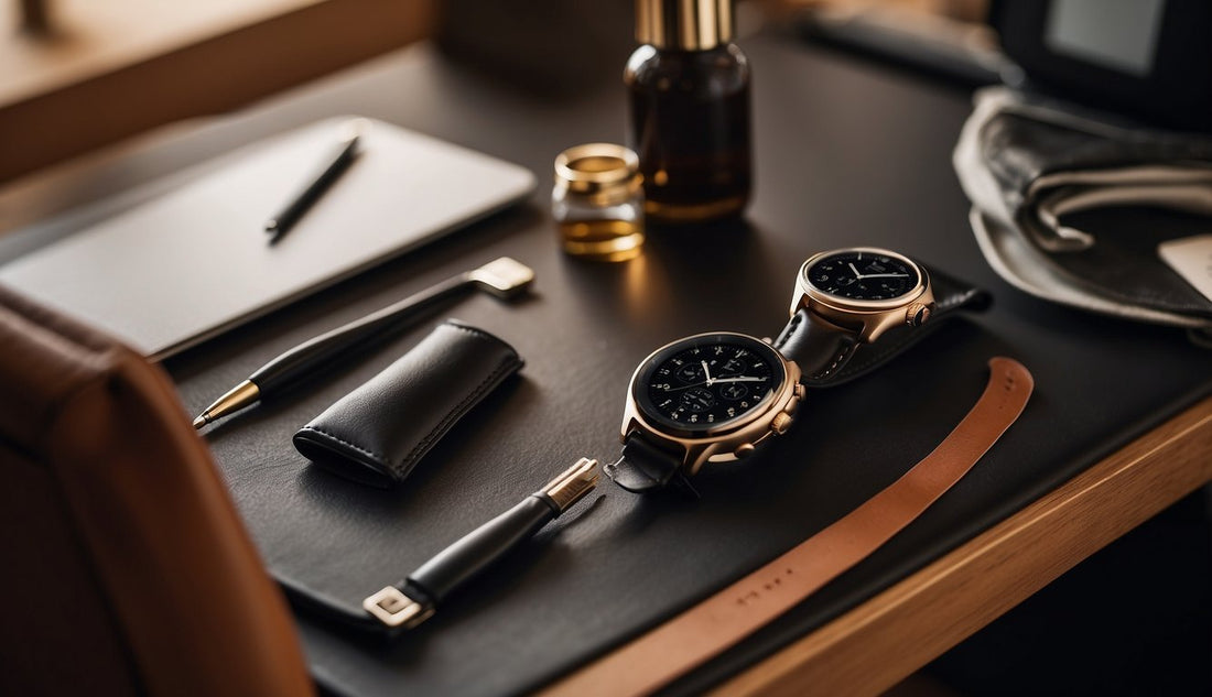 How to Clean Leather Apple Watch Band: A clean, well-lit workspace with a leather apple watch band laid out on a soft cloth, surrounded by a bottle of leather cleaner and a soft-bristled brush