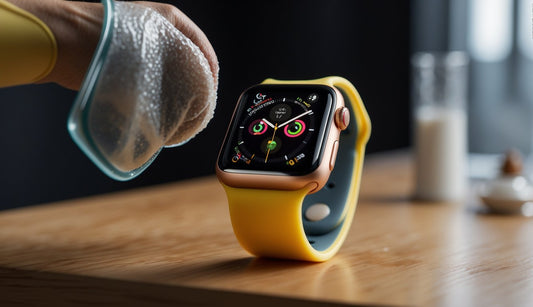 How to Clean Silicone Apple Watch Band: A silicone Apple Watch band being gently scrubbed with soapy water and a soft brush, then rinsed and air-dried