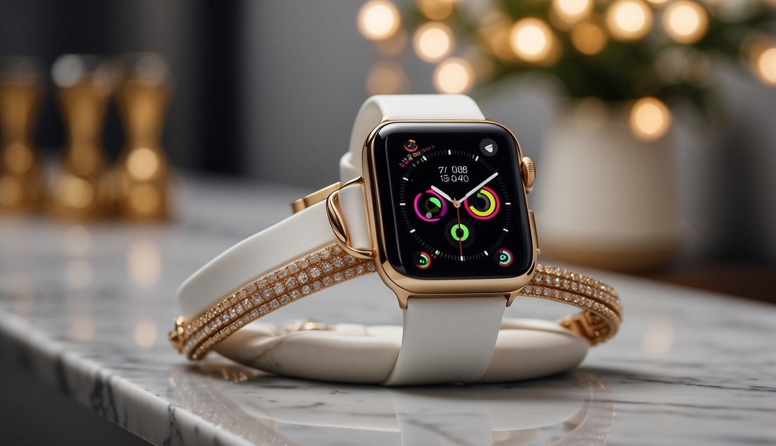 How to Make Apple Watch Look Classy: A sleek Apple Watch sits on a marble countertop, adorned with a luxurious band, surrounded by elegant accessories