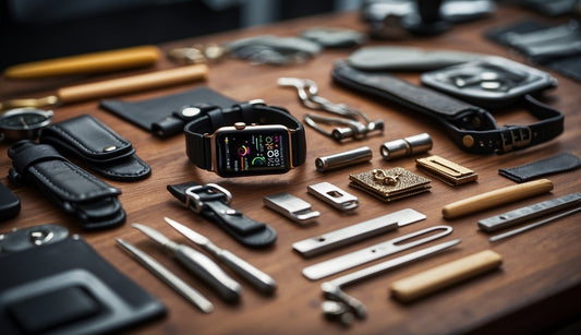 How to Make an Apple Watch Band: A table with various tools and materials for making an apple watch band: leather strips, buckles, stitching needles, and a cutting mat