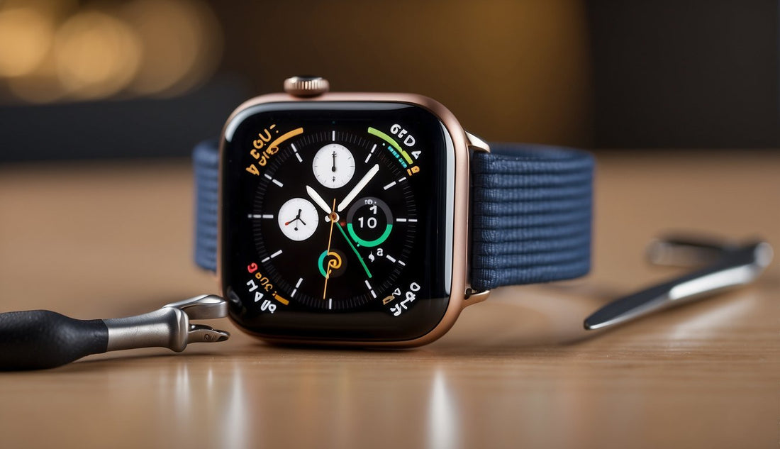 How to Remove an Apple Watch Band: A hand holds an Apple Watch with a tool inserted to release the band. The watch is positioned on a flat surface with the tool visible