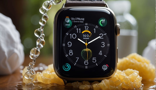 How to Wash Apple Watch Braided Band: A soapy sponge gently cleans the Apple Watch braided band, while water drips from the faucet