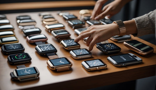 What Size Apple Watch Band for a Woman: A woman's hand reaches for different apple watch bands and materials on a display table, exploring sizes and styles