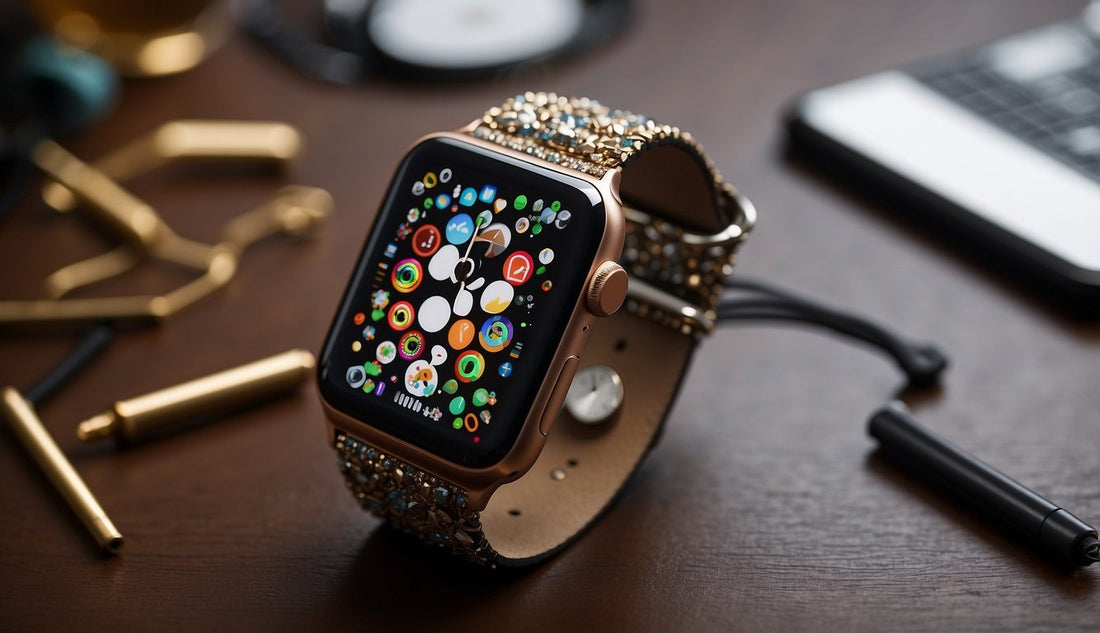 Why Are Apple Watch Bands So Expensive A close-up of an Apple Watch with an intricate, high-quality band, surrounded by various materials and components, with a focus on craftsmanship and technology
