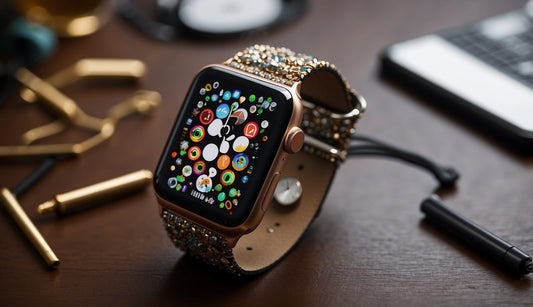 Why Are Apple Watch Bands So Expensive A close-up of an Apple Watch with an intricate, high-quality band, surrounded by various materials and components, with a focus on craftsmanship and technology