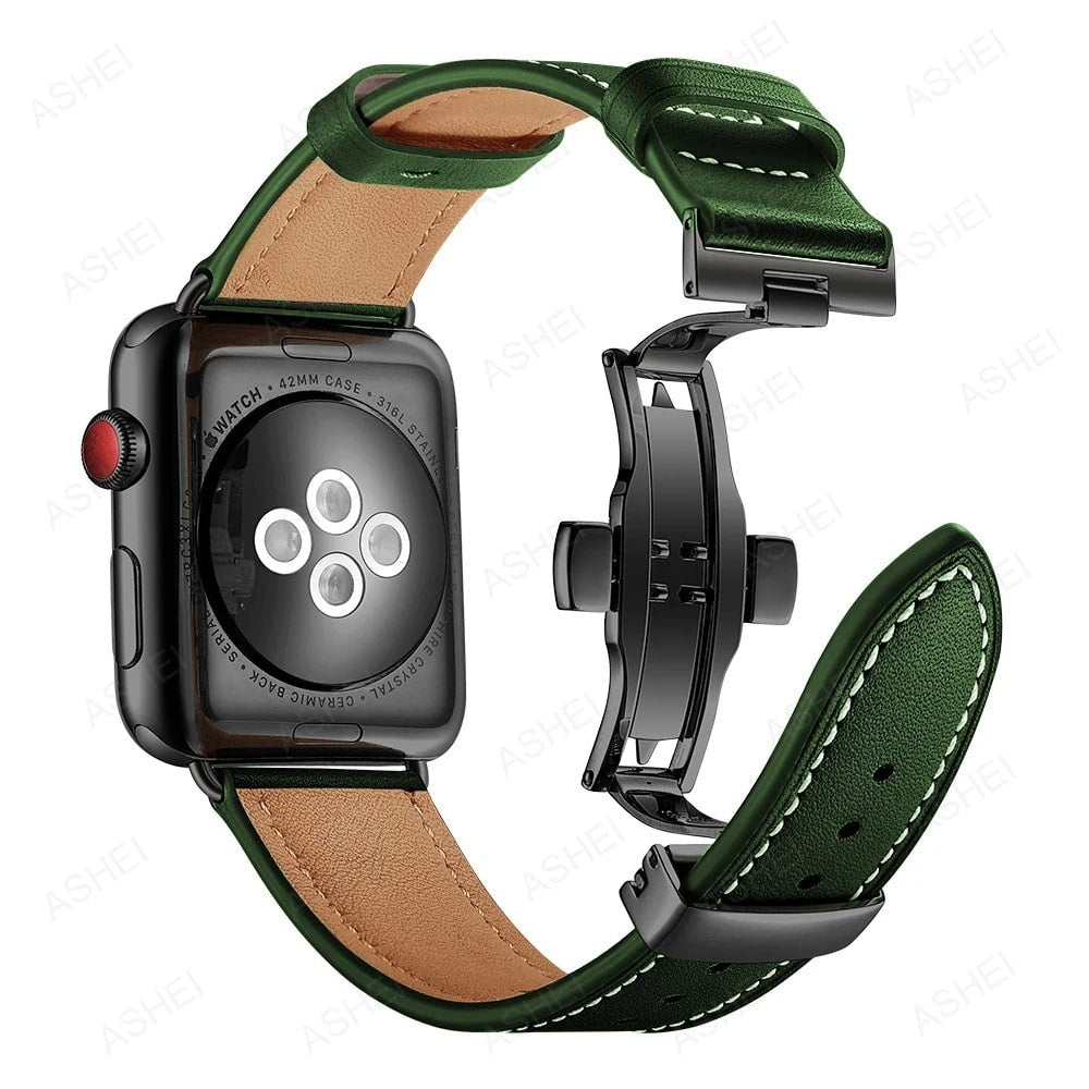 Apple Watch Band Green Leather With Black Buckle