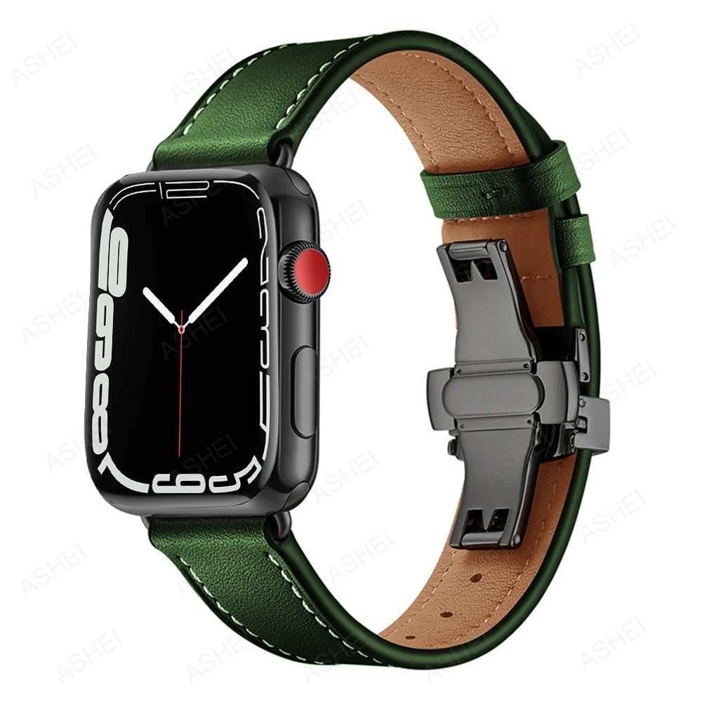 Apple Watch Band Green Leather Frontside With Black Buckle