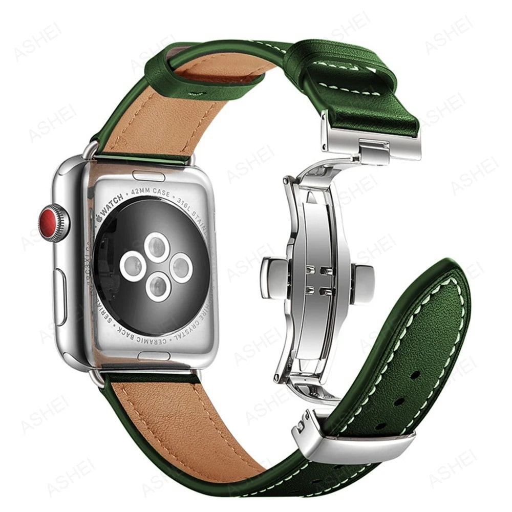 Apple Watch Band Green Leather With Silver Buckle