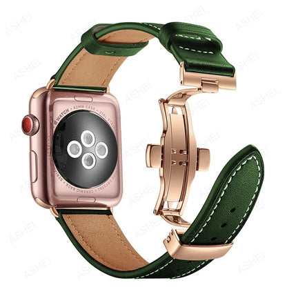 Apple Watch Band Green Leather With Rose Gold Buckle