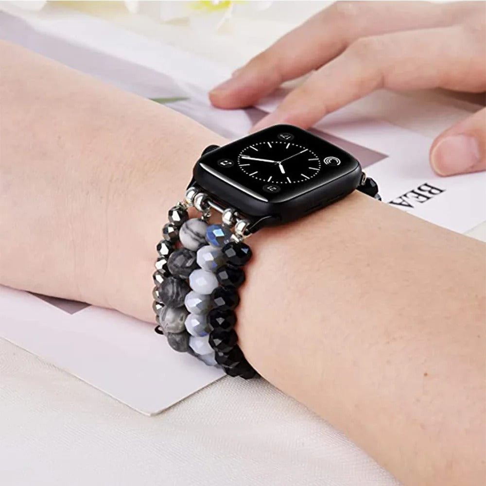 Person Wearing Apple Watch Beaded Wrap Band Coal Black