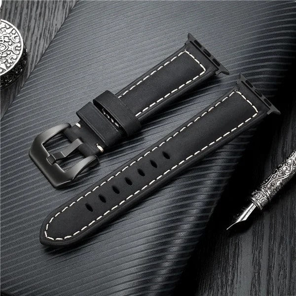 Mens Leather Apple Watch Band 44mm Black With Matte Black Buckle
