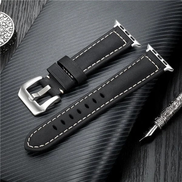 Mens Leather Apple Watch Band 44mm Black With Silver Buckle