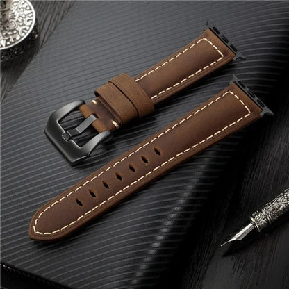 Mens Leather Apple Watch Band 44mm Brown With Matte Black Buckle