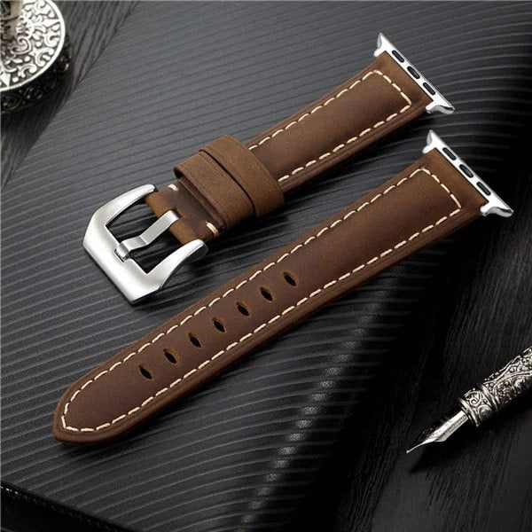 Mens Leather Apple Watch Band 44mm Brown With Silver Buckle