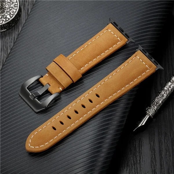 Mens Leather Apple Watch Band 44mm Beige With Matte Black Buckle