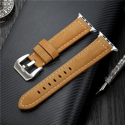 Mens Leather Apple Watch Band 44mm Beige With Silver Buckle
