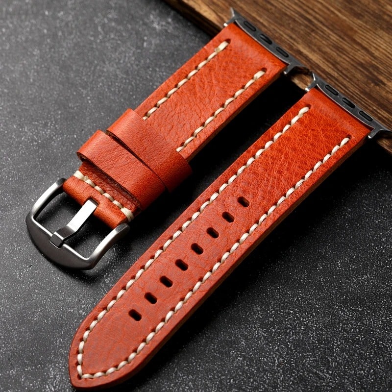 Orange Leather Apple Watch Band With Silver Buckle