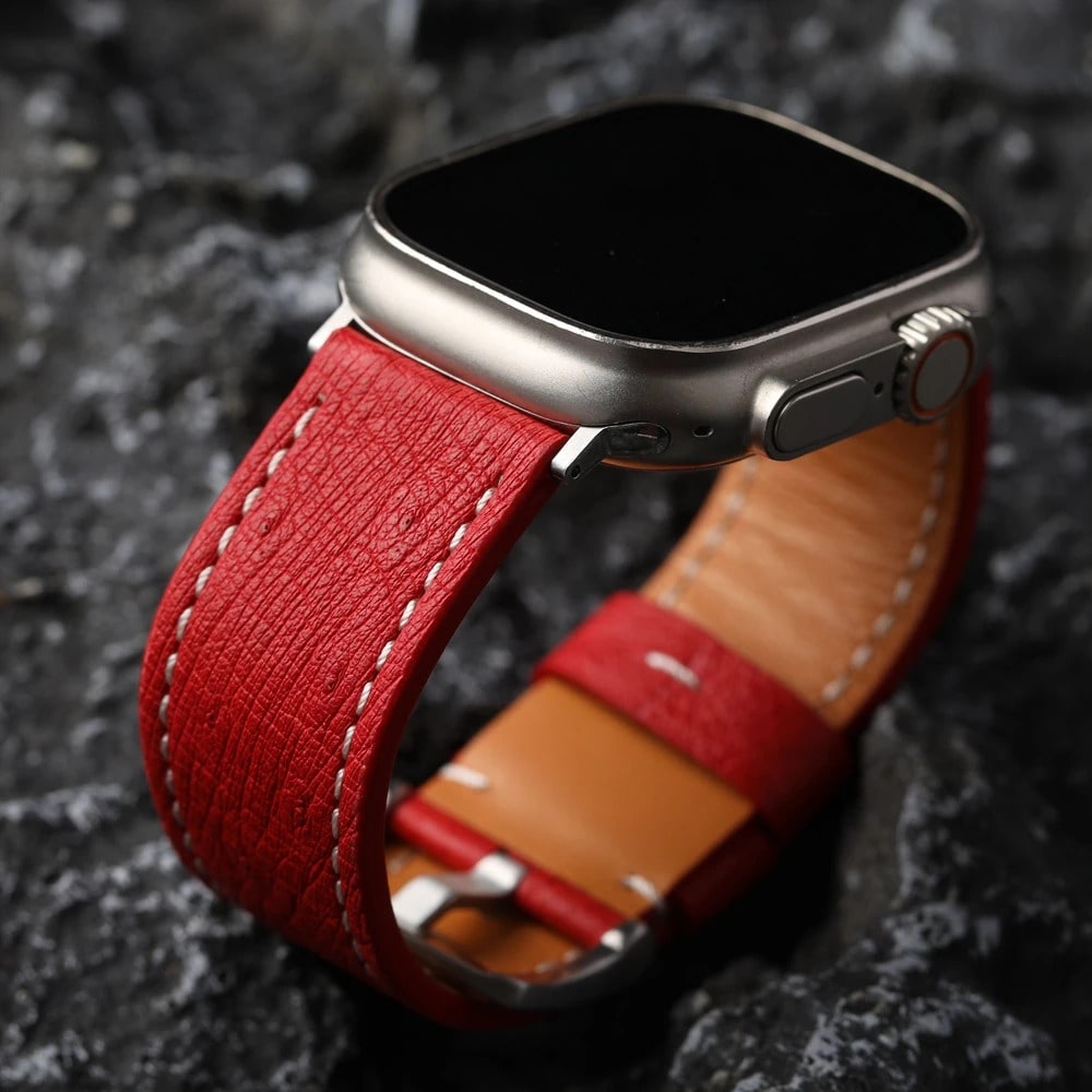 Close Up of Red Leather Apple Watch Band