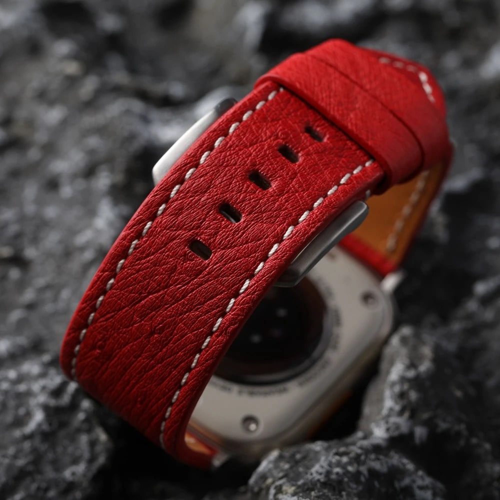 Red Leather Apple Watch Band Stitching
