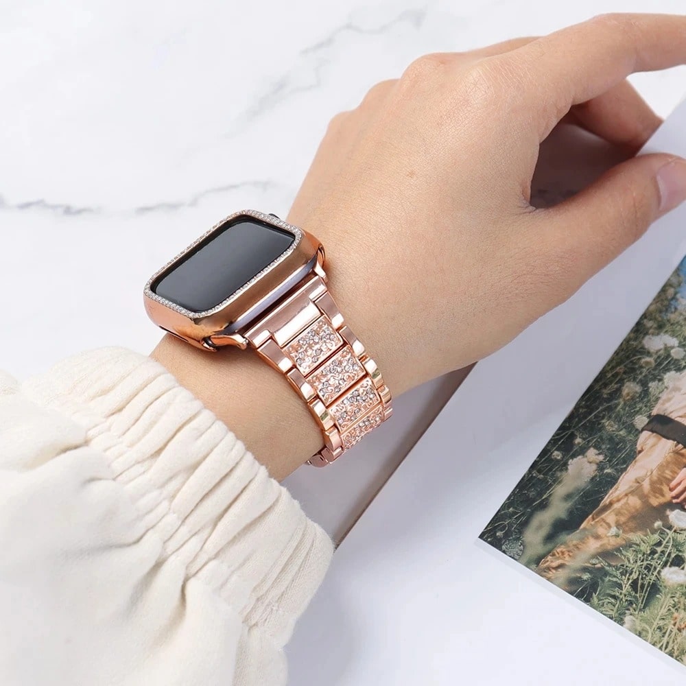 Person Wearing Rose Gold Stainless Steel Apple Watch Band