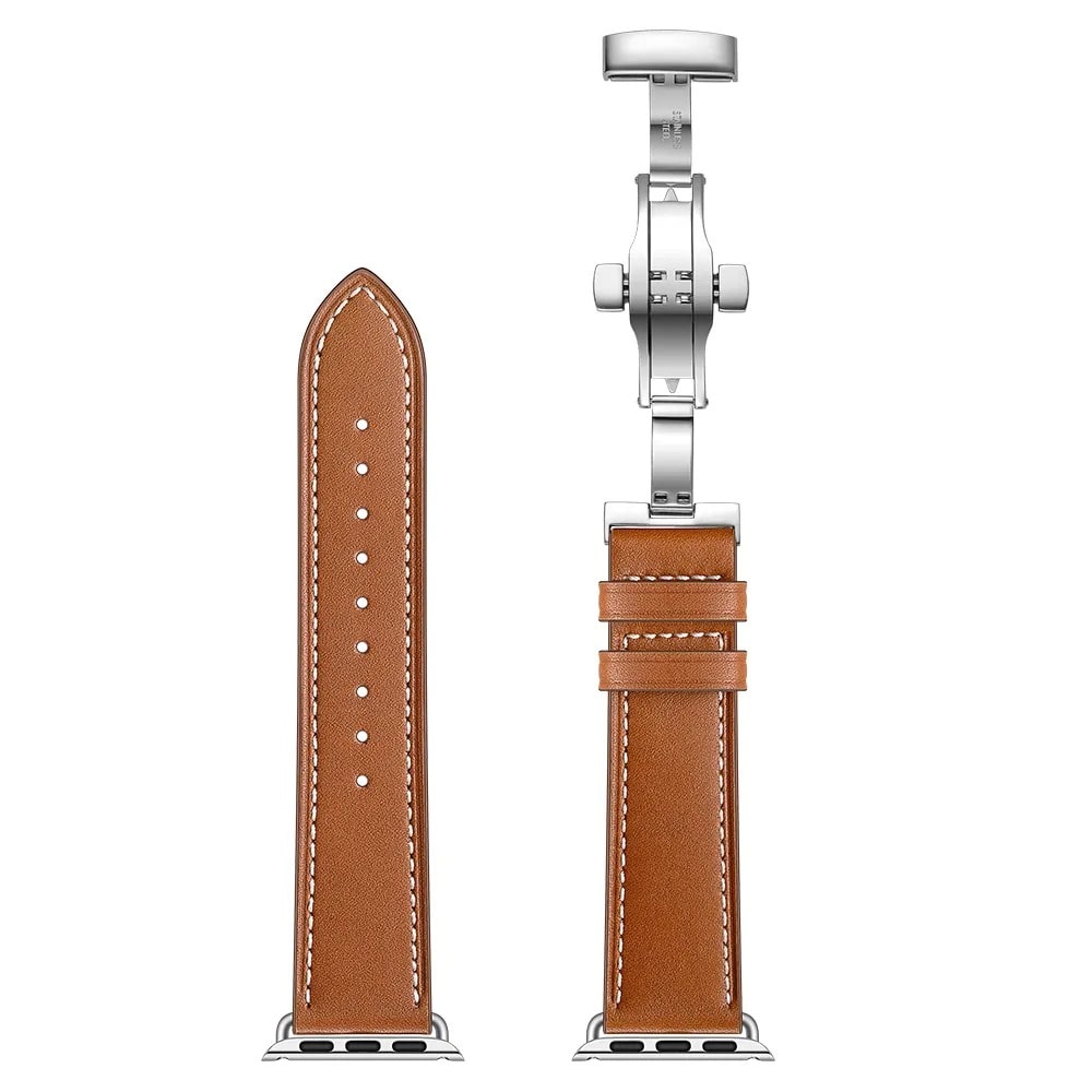 Saddle Brown Apple Watch Band With Silver Buckle Separated From Apple Watch