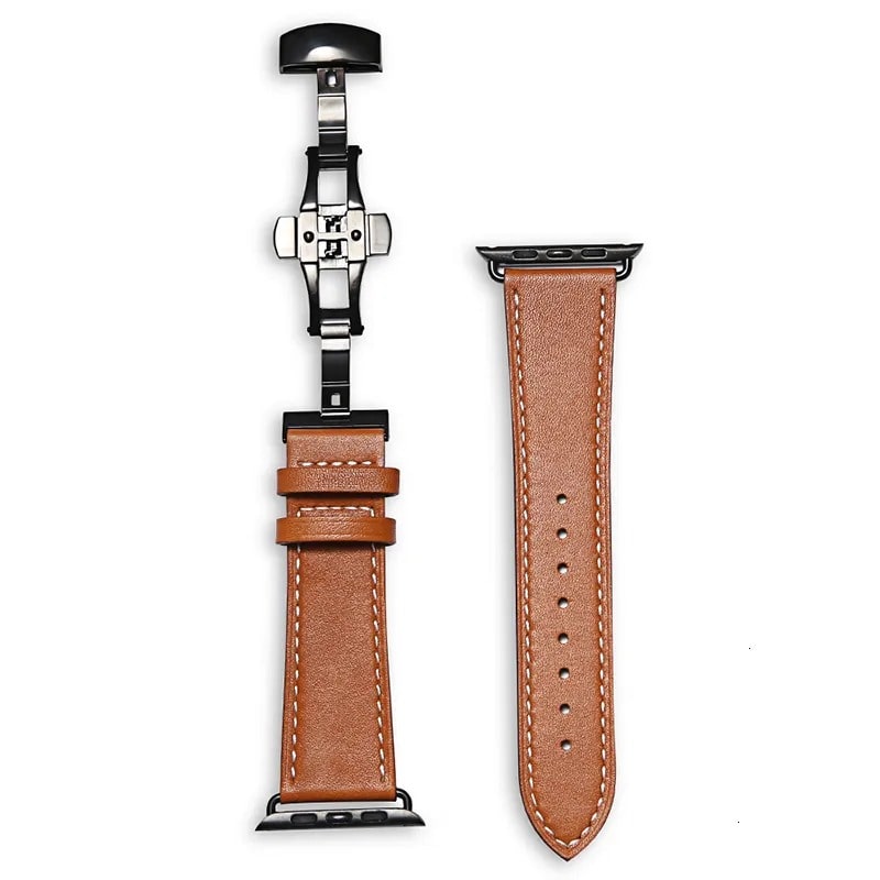 Saddle Brown Apple Watch Band With Matte Black Buckle Separated From Apple Watch