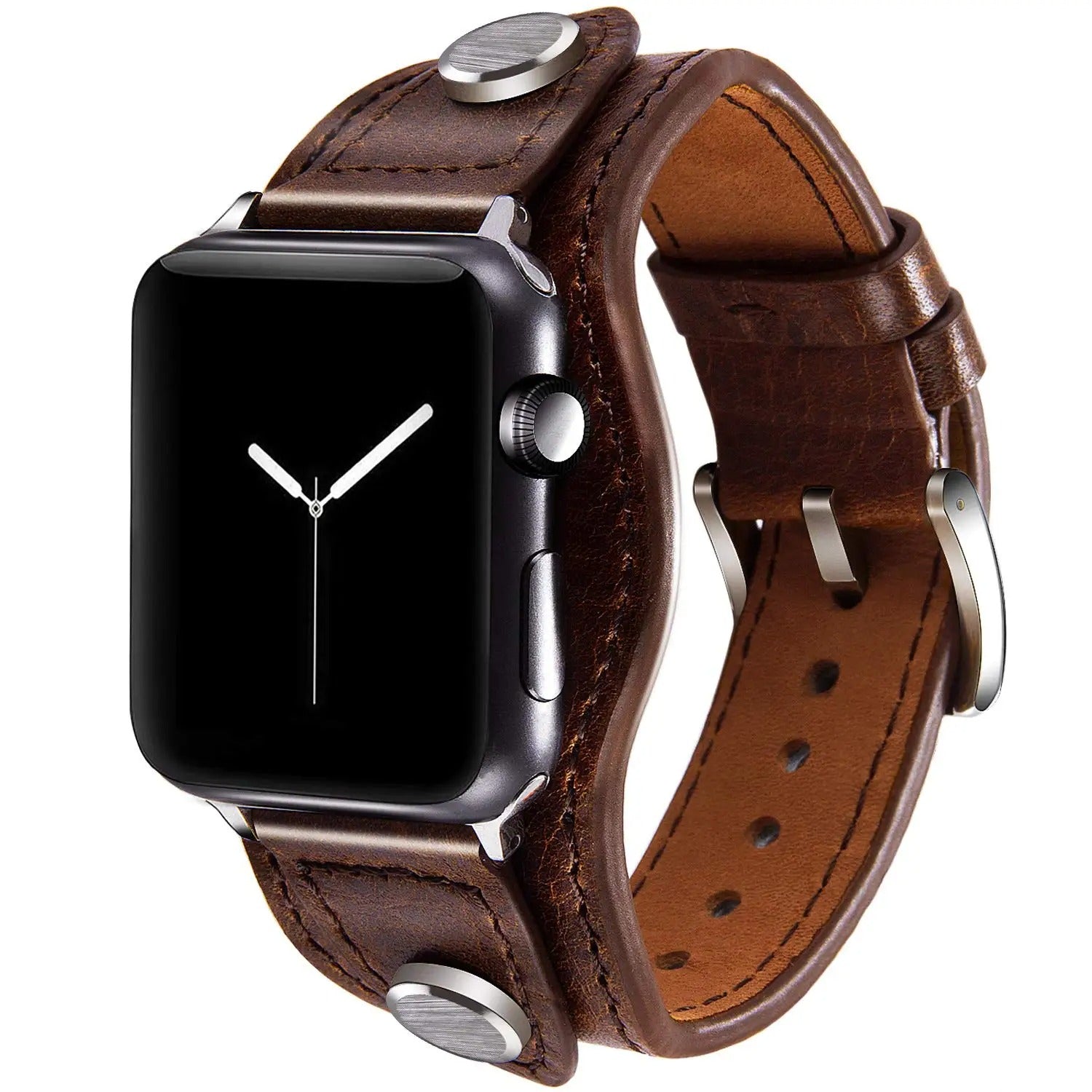 Wide Leather Apple Watch Band with Apple Watch installied