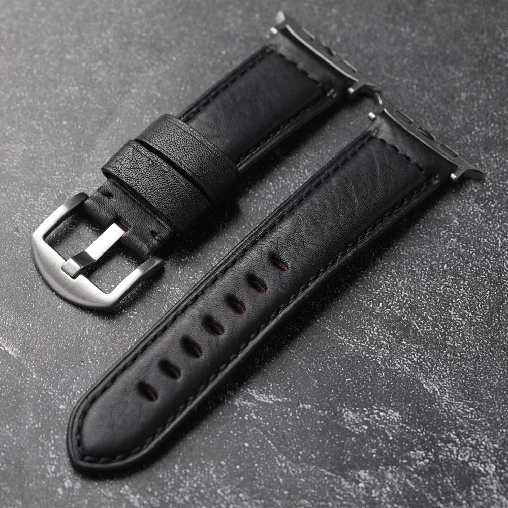 Black Leather Apple Watch Band With Silver Buckle