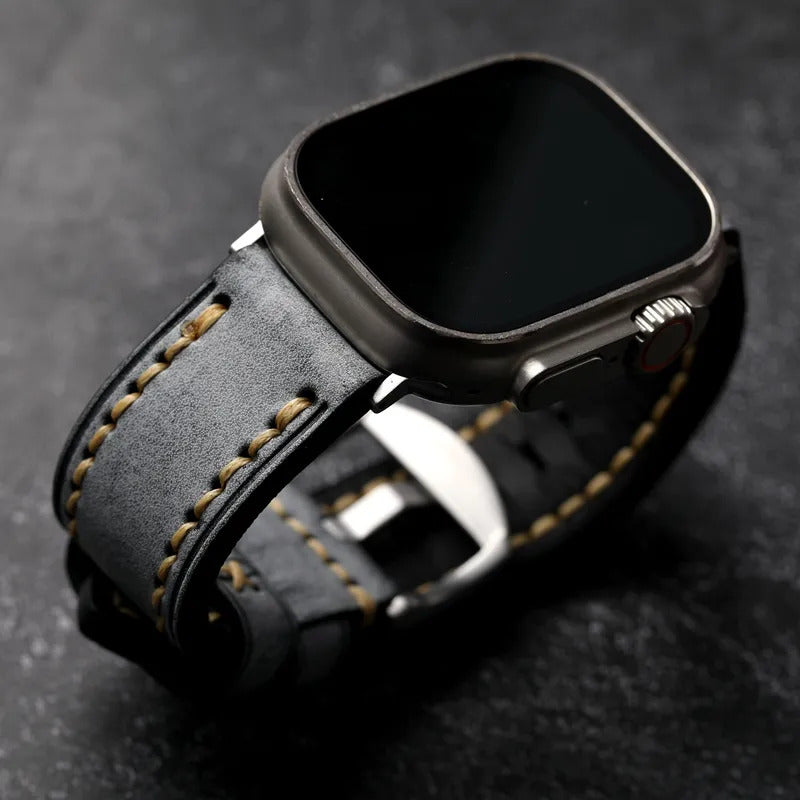 Stitched Apple Watch Mens Leather Band with Silver Buckle 